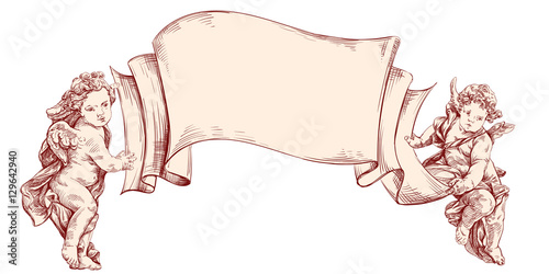 angels or cupid are holding a blank sheet of messages isolated hand drawn vector llustration sketch