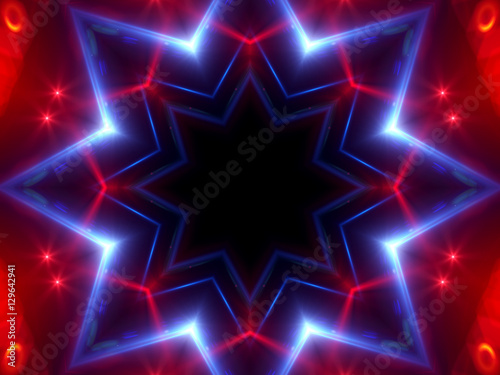 Stylish kaleidoscope dark-red background with red particles and glow