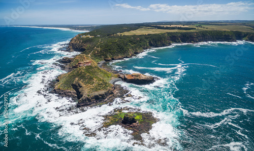 Aerial panorama of Cape Schanck coastline, lighthouse, and Pulpit Rock. Mornington Peninsula, Victoria, Australia