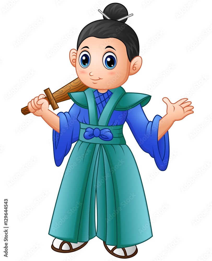 Cartoon japanese samurai warrior with wooden sword Cartoon japanese samurai warrior with wooden sword