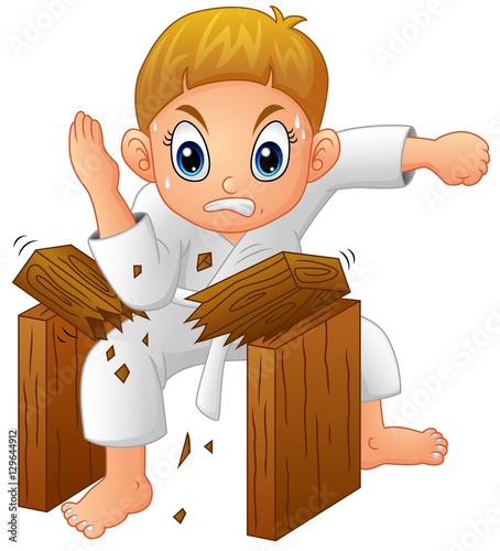 Cartoon Young boy breaking board