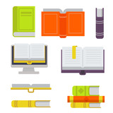 Books vector icons set, hands holding books. Vector flat illustration.