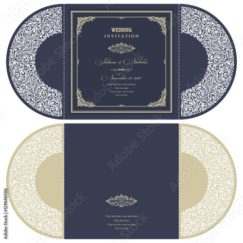 Wedding Invitation Baroque. Template for laser cutting. Open card. The front and rear side. It can be used as an envelope.