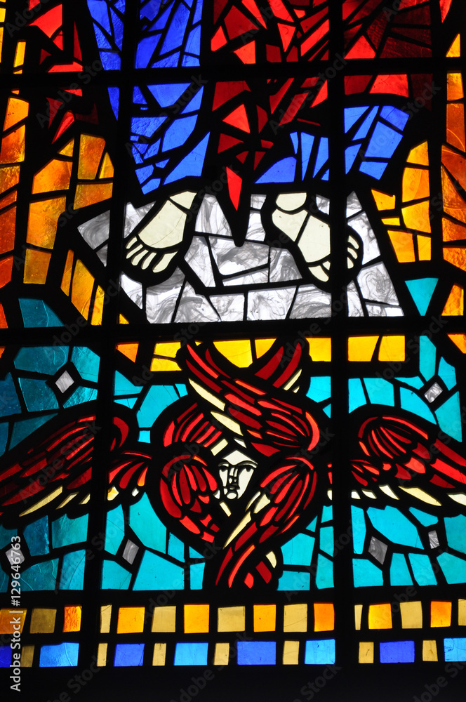 Stained glass depicting healt in the Catholic Cathedral, San Mateo Apostol in Osorno, Chile.