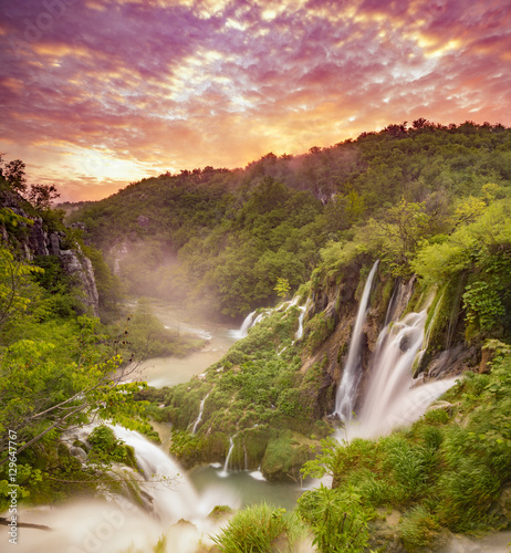Fototapeta Naklejka Na Ścianę i Meble -  Waterfalls in National Park Plitvice Lakes,sunrise over waterfal