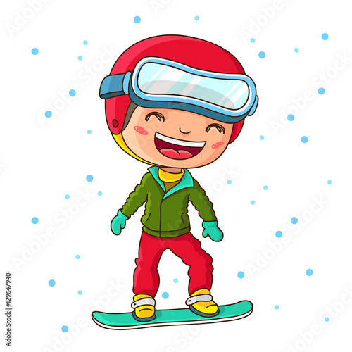 Little cheerful boy snowboarding in the winter