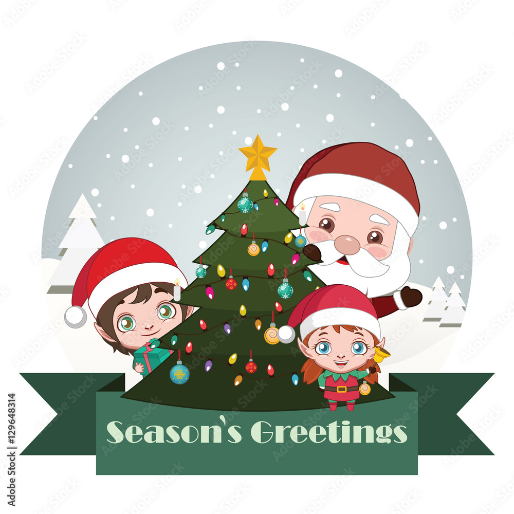 Greeting of Santa and elves with Christmas tree Greeting of Santa and elves with Christmas tree