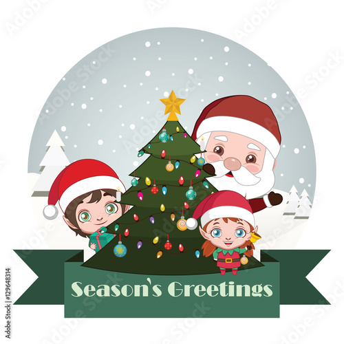 Greeting of Santa and elves with Christmas tree