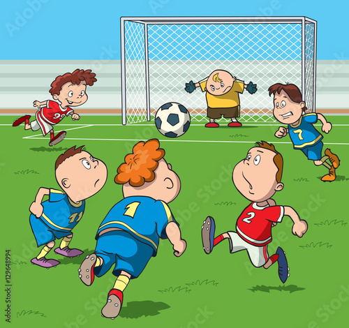 Kids playing football in the stadium. Cartoon vector illustration