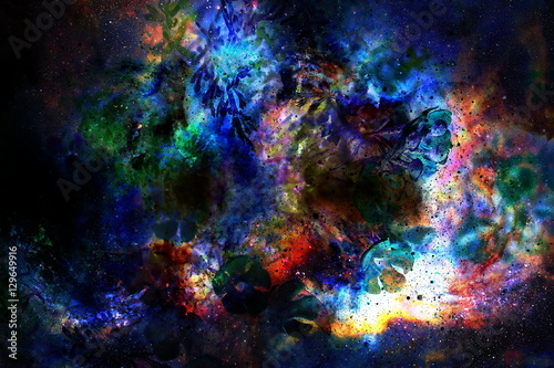 Cosmic space with flowers  color galaxy background  computer collage.