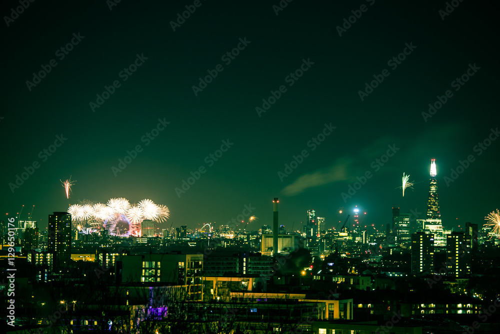 Beautiful fireworks above London. New Years Eve, view from Greenwich Point Hill 