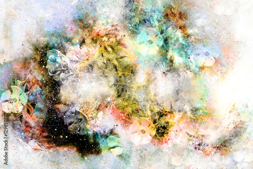 Cosmic space with flowers  color galaxy background  computer collage.