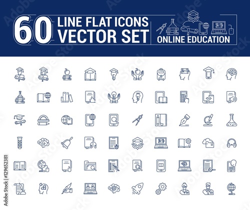 Vector graphics set. Online education. Distance learning. Internet training student. Concept home schooling in inear, contour, thin, flat, design. Element, emblem, symbol, icon, sign, for web site.