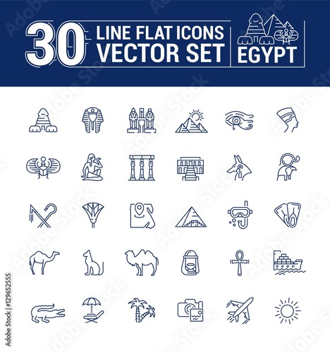 Vector graphics set. Linear, contour, thin, flat, design. Concept silhouette, Egypt. Travel to Egypt. Element, emblem, symbol, icon, sign, for web site, app, business.