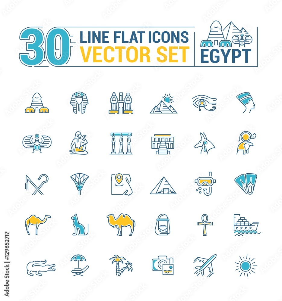 Fototapeta premium Vector graphics set. Linear, contour, thin, flat, design. Concept silhouette, Egypt. Travel to Egypt. Element, emblem, symbol, icon, sign, for web site, app, business.