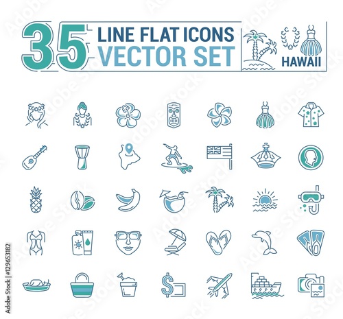 Vector graphics set. Illustration of Hawaii islands in a linear, flat, contour, thin design. Concept of silhouette, logo, element, symbol, logo for the Internet Web site.