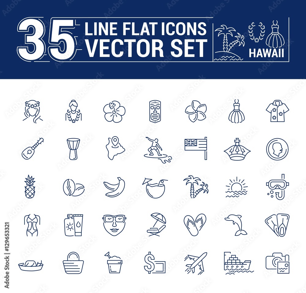 Vector graphics set. Illustration of Hawaii islands in a linear, flat, contour, thin design. Concept of silhouette, logo, element, symbol, logo for the Internet Web site.