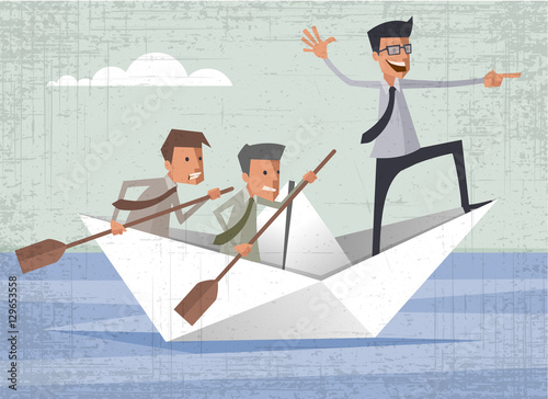 Business team rowing on the boat, boss leads the team to success