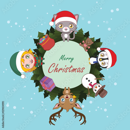 Cute greeting with elf, cat, penguin, snowman and reindeer