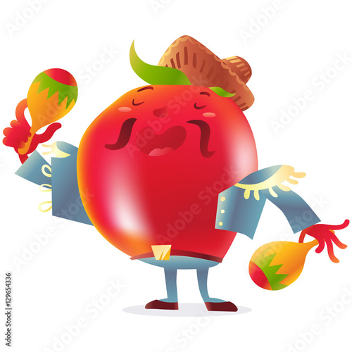 Red ripe tomato character in torero clothes singing and playing maracas, cartoon vector illustration isolated on white background. Tomato mascot in torero jacket, boots and big sombrero singing