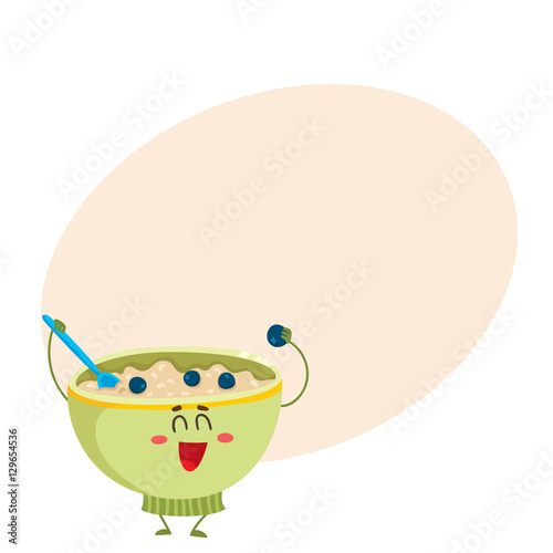 Cute and funny bowl of cereal, corn flakes, oatmeal porridge character, cartoon vector illustration on background with place for text. Funny smiling bowl of oats, cereal, porridge mascot