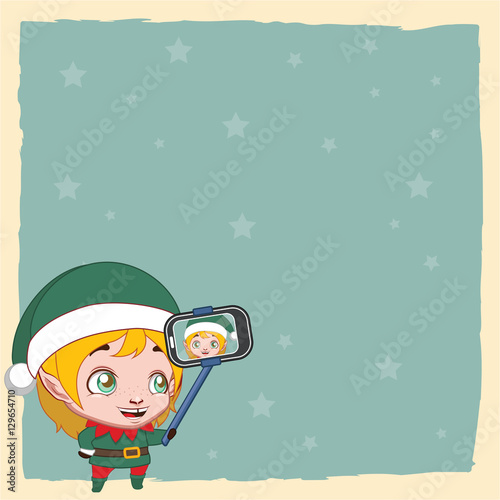 Blank greeting with cute elf taking a selfie