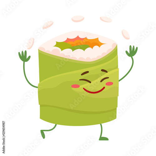 Japanese avocado roll character juggling with rice, cartoon vector illustration isolated on white background. Cute and funny smiling avocado roll filled with fish, caviar and vegetables