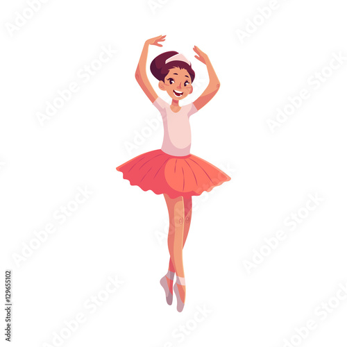 Little ballerina in pink tutu standing on toes, cartoon style vector illustration isolated on white background. Little ballet dancer in pink tutu, classical ballet, sixth position, toe stand, hands up