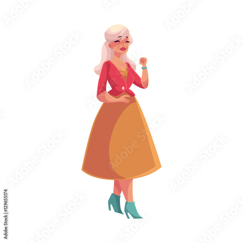 Old, senior, gray-haired elegant lady dancing, cartoon style vector illustration isolated on white background. Full length portrait of elegntly dressed old woman dancing