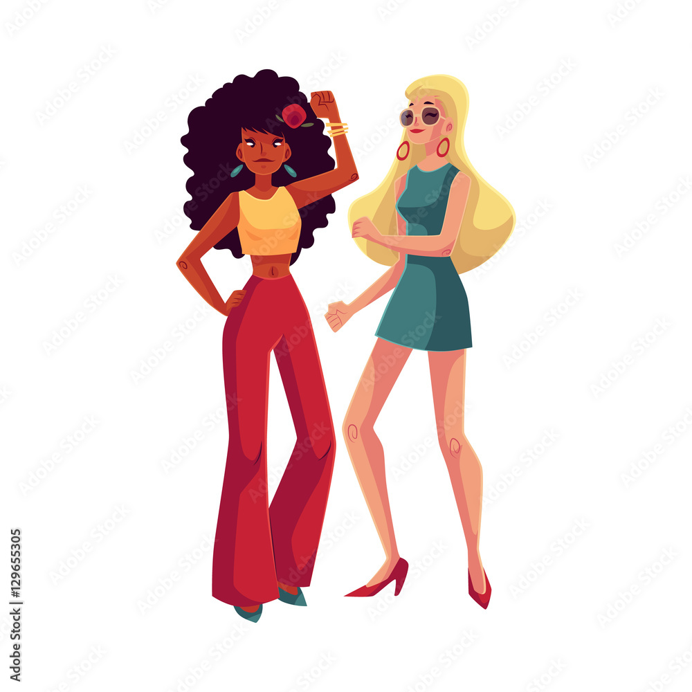 Young women, black and white, in 1960s style clothing dancing disco, cartoon style vector illustration isolated on white background. African and caucasian girls in retro style clothes at retro party Young women, black and white, in 1960s style clothing dancing disco, cartoon style vector illustration isolated on white background. African and caucasian girls in retro style clothes at retro party
