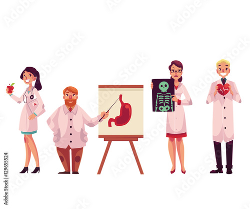 Doctors - general practitioner, radiologist, heart surgeon and professor, cartoon vector illustration isolated on white background. Male and female medical workers, doctors, health care professionals