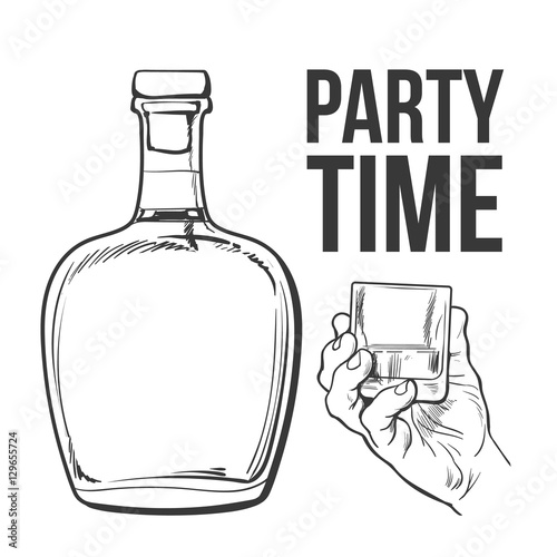 rum alcohol bottle and hand holding full shot glass, sketch style vector illustration isolated on white background. black and white hand drawing an unlabeled, unopened rum bottle, party time concept