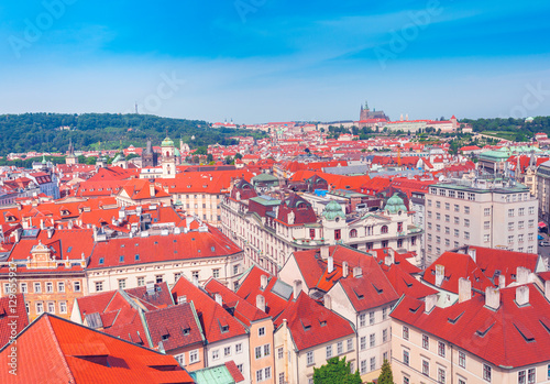 Panoramic view of St. Vitus Cathedral, Castle and city in Prague, Czech Republic. Beautiful dramatic picture in pink colors