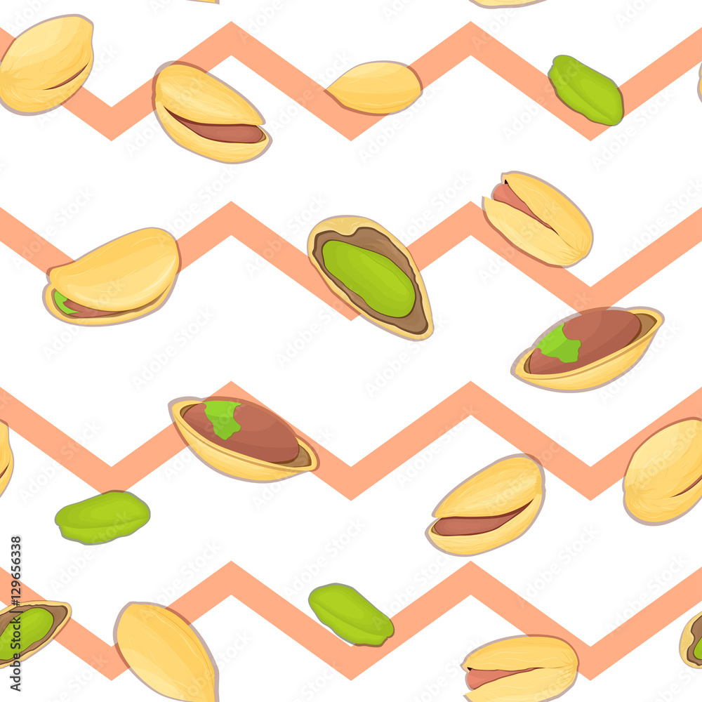 Seamless vector pattern of pistachios nut. Striped zig-zag background with delicious walnut, leaves. Illustration can be used for printing on fabric, textile in design packaging, packaging design