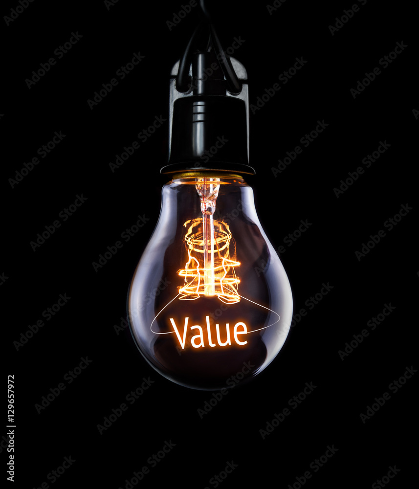 Hanging lightbulb with glowing Value concept.