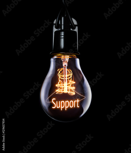Obraz na płótnie Hanging lightbulb with glowing Support concept. w salonie