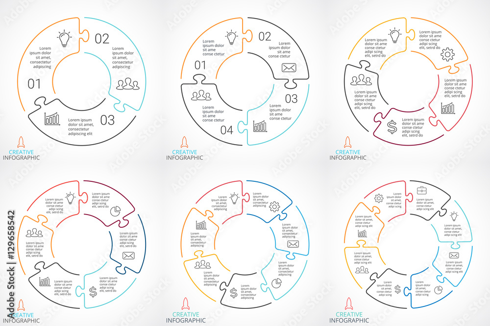 Naklejka premium Vector circle puzzle arrows infographic, cycle diagram, linear graph, presentation chart. Business concept with 3, 4, 5, 6, 7, 8 options, parts, steps, processes.