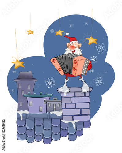 Illustration of a Cute Santa Claus a Accordion Player on a Roof 