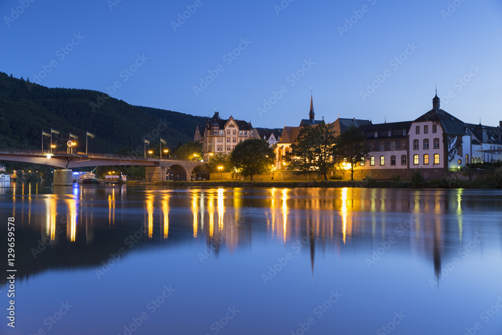 View of River Moselle and Bernkastel-Kues at dusk, Rhineland-Palatinate, Germany View of River Moselle and Bernkastel-Kues at dusk, Rhineland-Palatinate, Germany