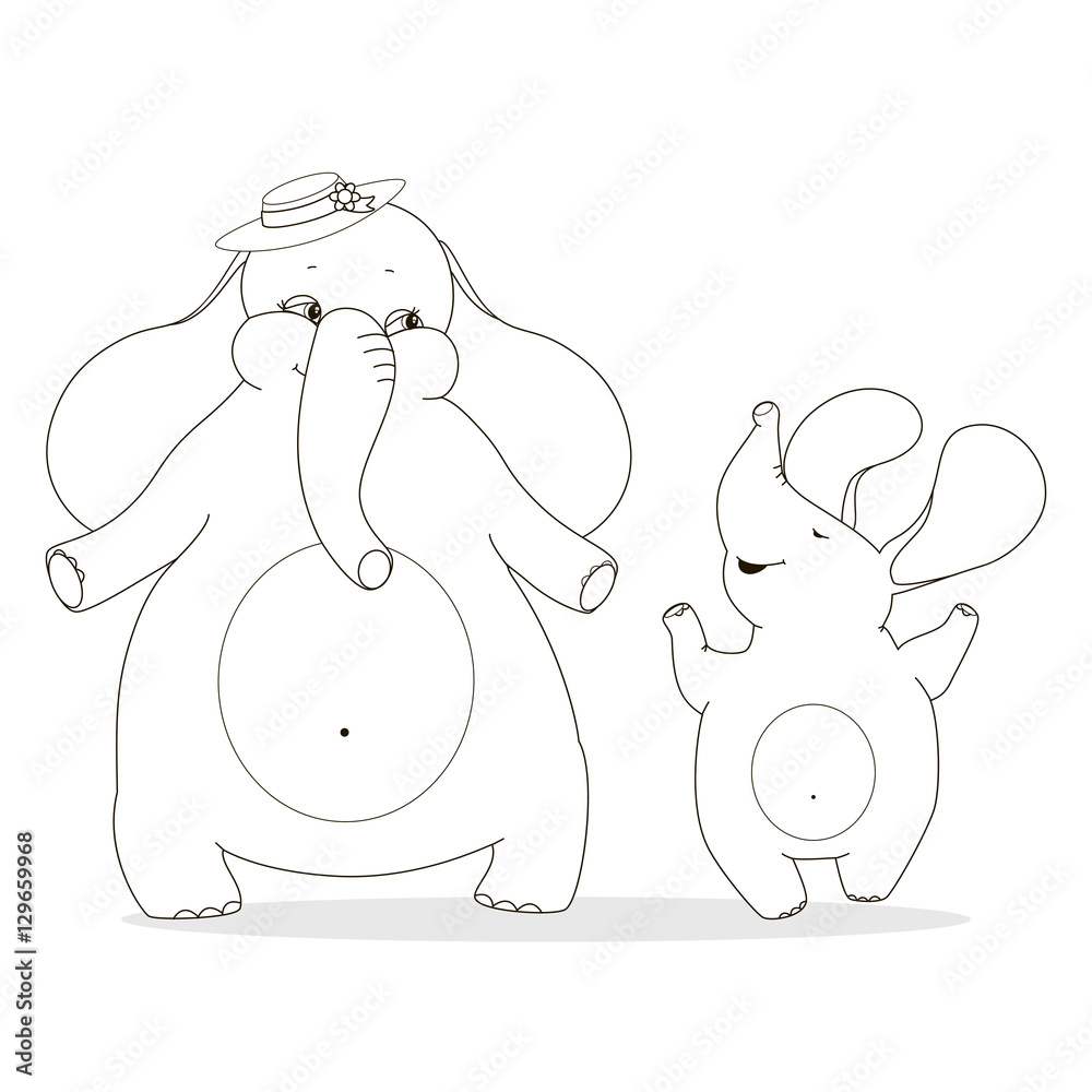 Mother elephant and baby elephant enjoyed. Family outline drawing for  coloring. Cartoon wild animals for the design of children's goods and  things. Stock Vector | Adobe Stock
