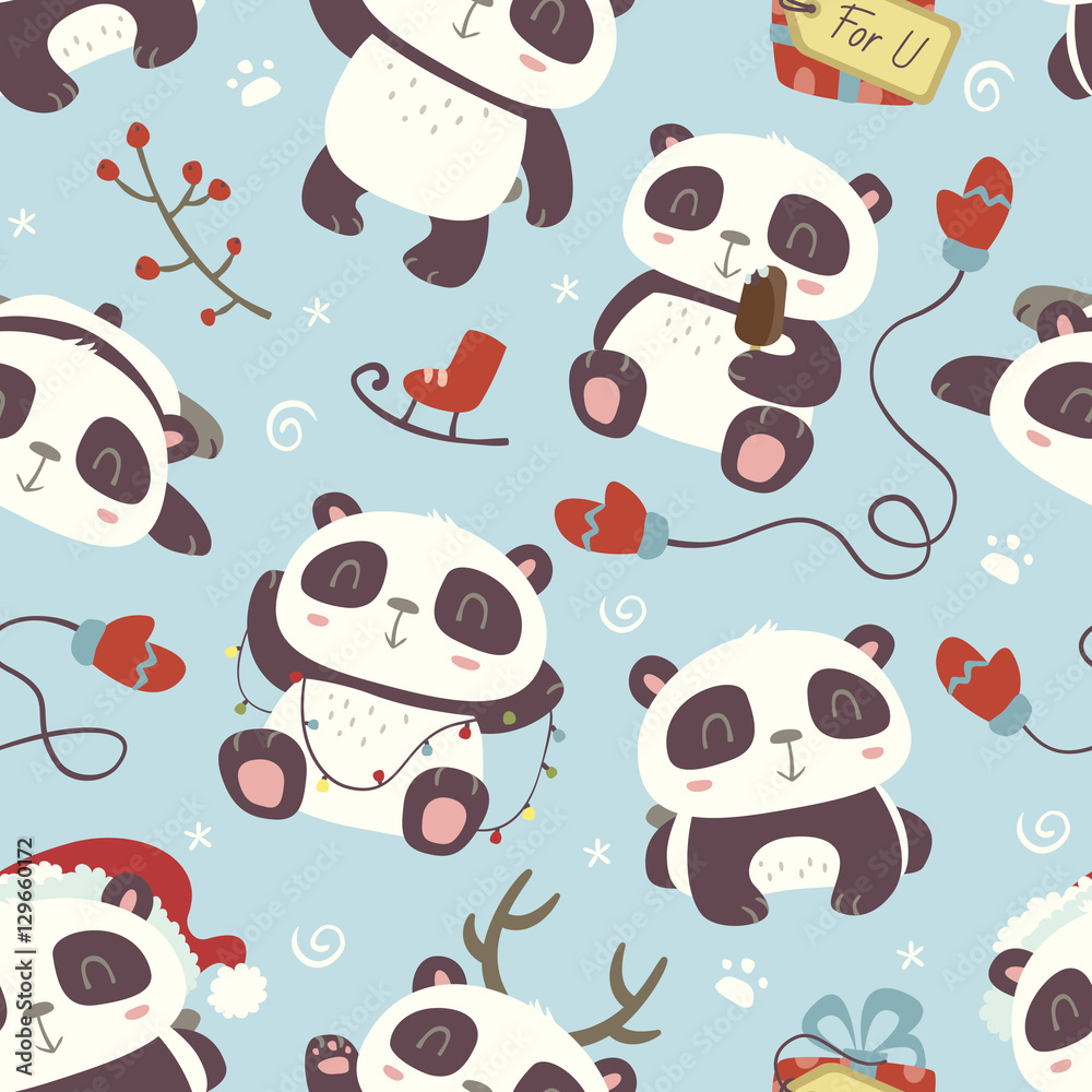Fotografie vector cartoon style cute christmas panda seamless pattern