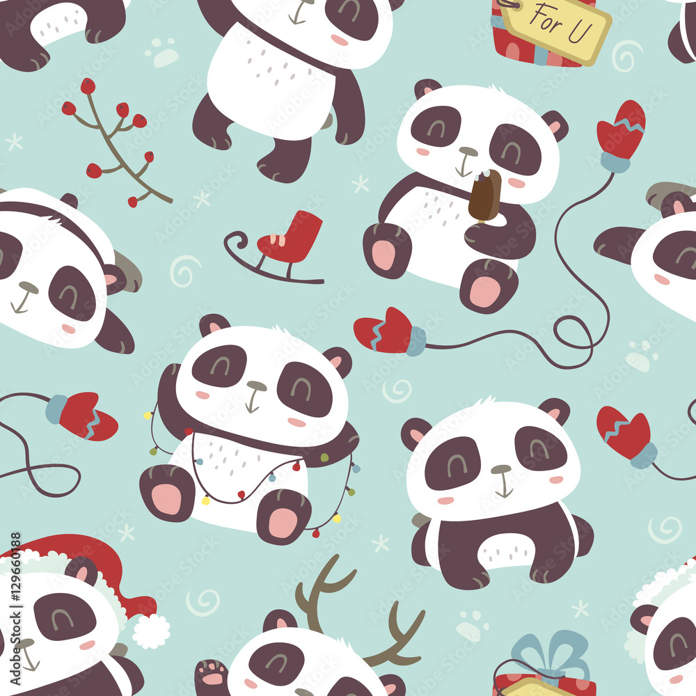 Fototapeta premium vector cartoon style cute christmas panda seamless pattern