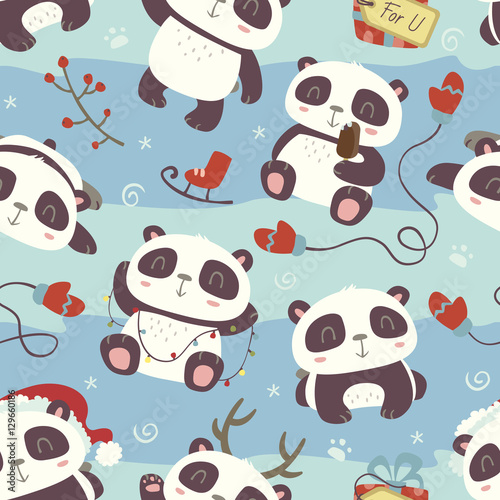 Fototapeta Naklejka Na Ścianę i Meble -  vector cartoon style cute christmas panda seamless pattern