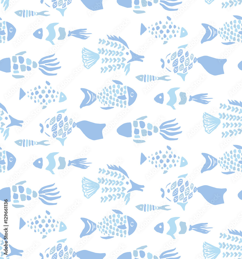 Light blue colors hand drawn fishes pattern
