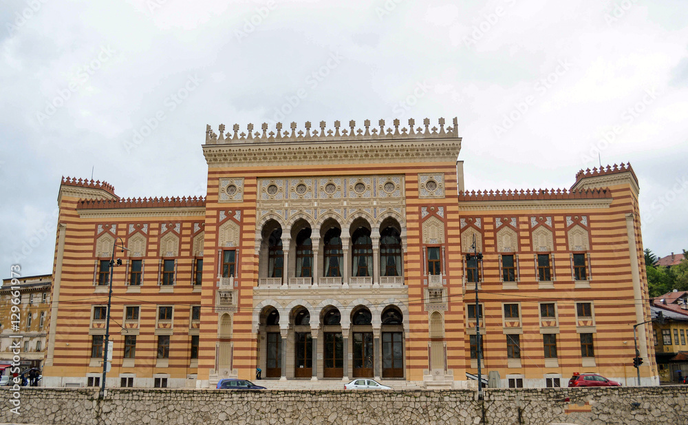 Fototapeta premium Vijecnica, Sarajevo, Bosnia and Herzegovina, the ex Sarajevo city hall and national library, newly decorated after being destroyed in the Yugoslav and Bosnian war.