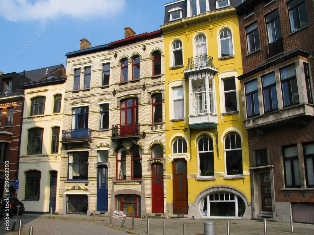 Art Nouveau new art modern buildings in Ghent Belgium. Colorful life. City colors. Difference
