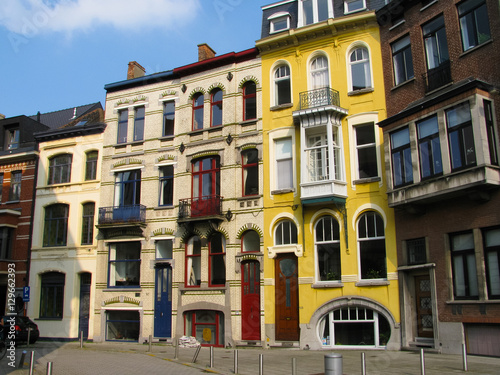 Art Nouveau new art modern buildings in Ghent Belgium. Colorful life. City colors. Difference