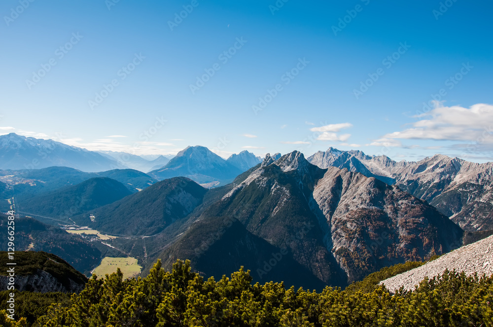 Fototapeta premium Mountain park wildlife reserve Karwendel in Alps Europe Austria. Panoramic view from mountain top