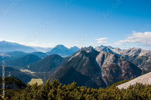 Mountain park wildlife reserve Karwendel in Alps Europe Austria. Panoramic view from mountain top