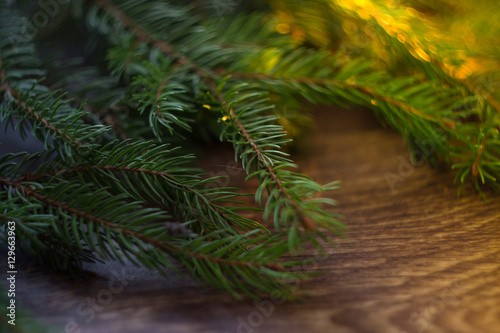 Christmas tree branch on a wooden background